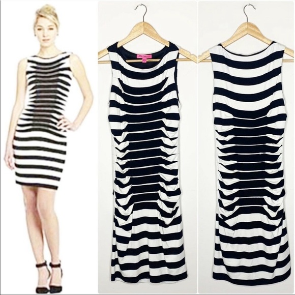 Betsy Johnson Black/Tan Ruched Striped Curvy Bodycon Sleeveless Dress SZ… - Picture 2 of 3